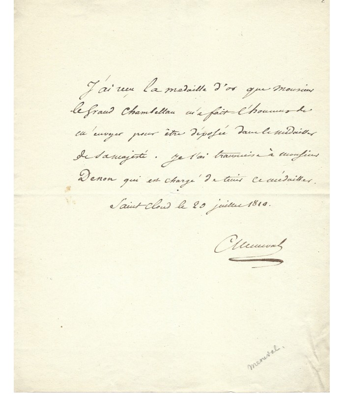 MENEVAL Claude François de, secrétaire de Napoléon I er. Billet Autographe (E 10952)