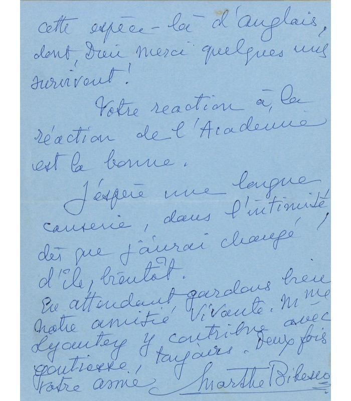 BIBESCO Marthe, princesse. Écrivaine roumaine. Lettre autographe à Pierre Lyautey (G 3553)