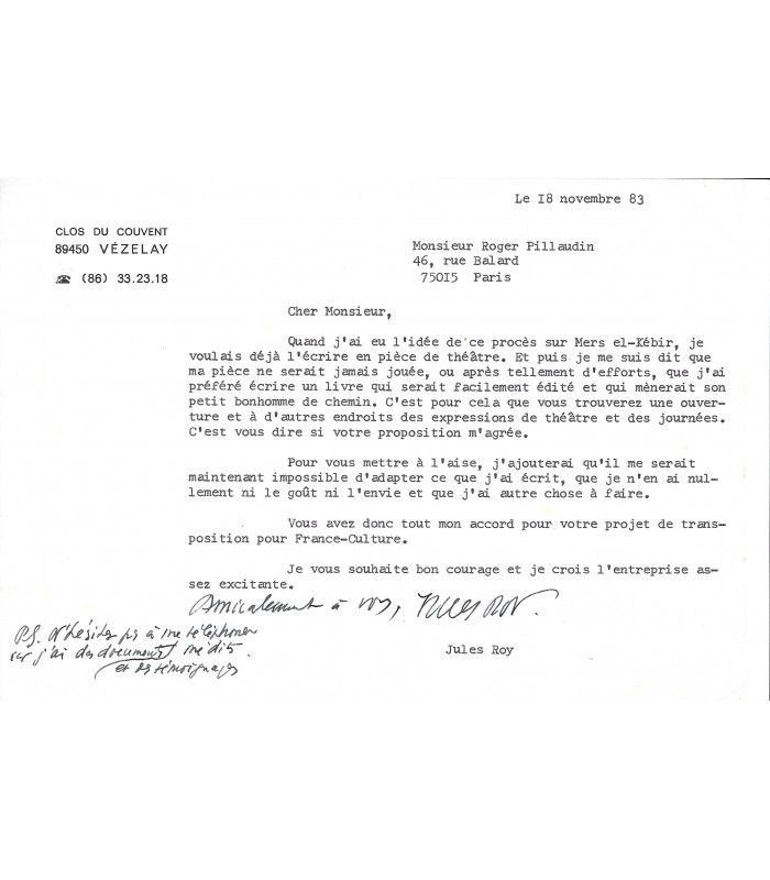 ROY (Jules), écrivain. Lettre Signée avec quelques mots autographes (G 4707)
