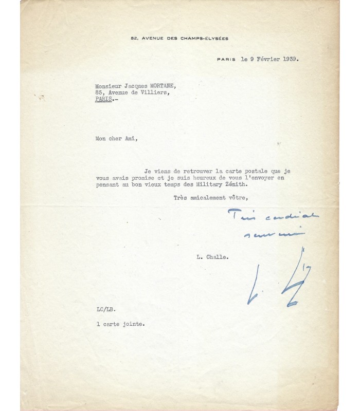 CHALLE (Léon). Lettre dactyl. avec mots autographes (E 10229)