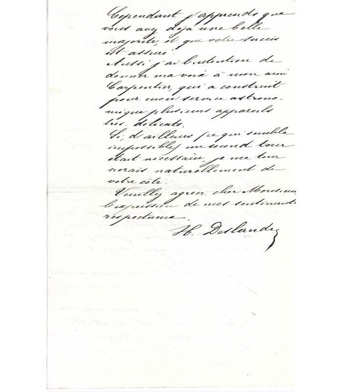DESLANDRES (Henri). Lettre autographe signée à Léon Labbé. (G 767)