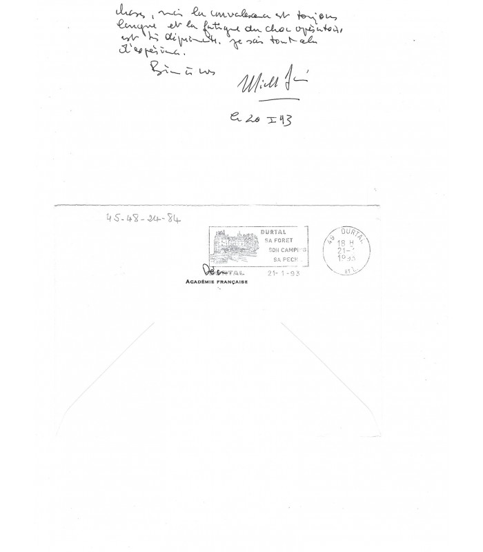 DEON (Michel). Carte autographe signée avec enveloppe (G 6136)