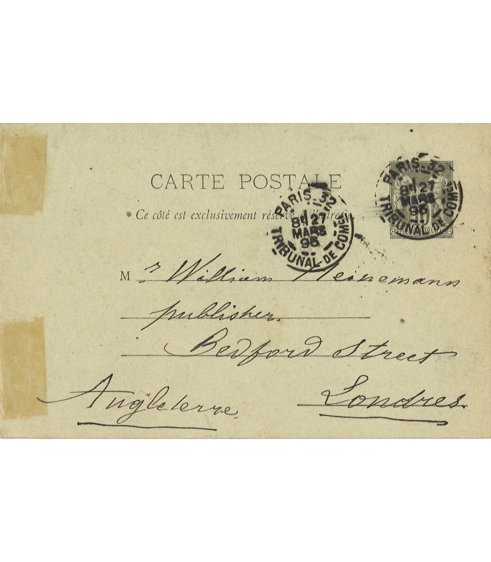 VERLAINE (Paul), écrivain et poète. Carte autographe à l'éditeur Heinemann (G 3947)