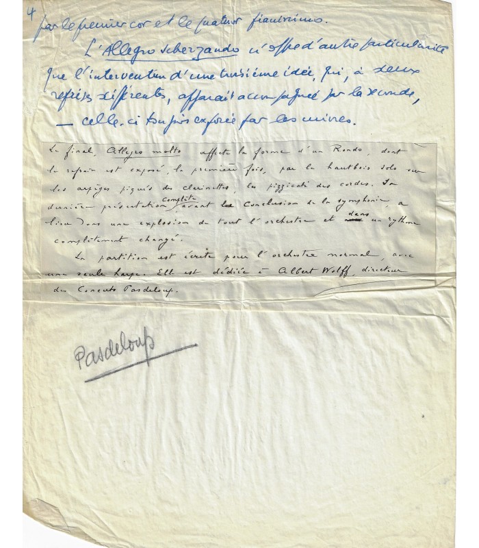 ROUSSEL Albert,  compositeur. Manuscrit autographe sur sa IV symphonie (Réf. G 5415)