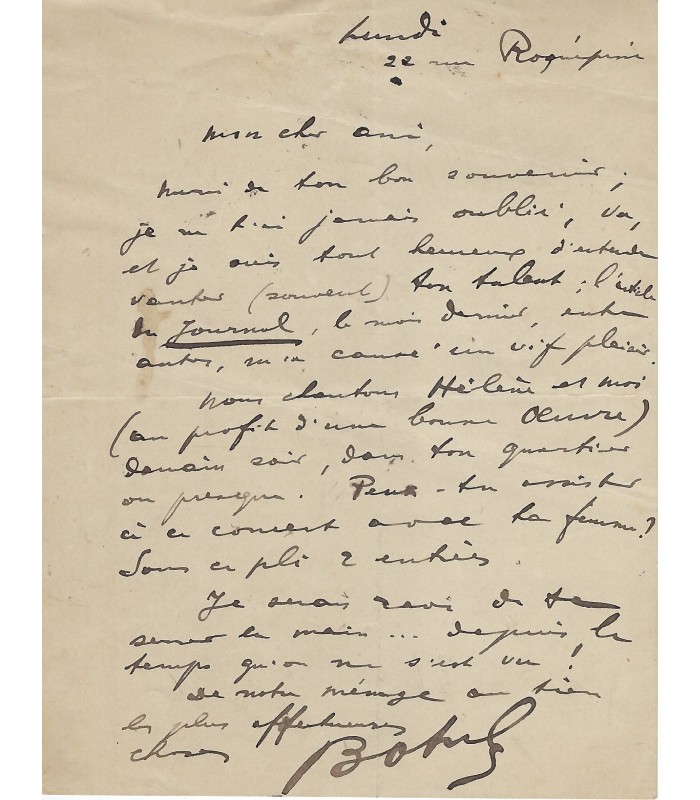 BOTREL Théodore, compositeur. Lettre autographe (Réf. G 4952)